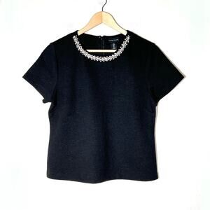 Adrienne Vittadini black knit short sleeve beaded top shirt size large L B192